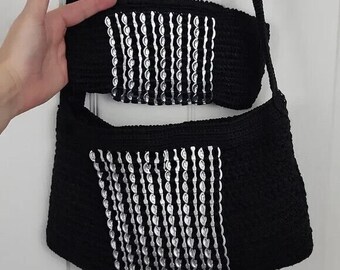 Handmade Recycle Upcycle Pop Soda Tab Crochet Purse Black & Silver and matching pouch set