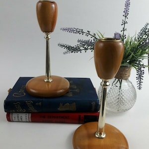 Vintage Pair of MCM Style Oregon Myrtle Wood Brass Taper Candle Holders Mid Century