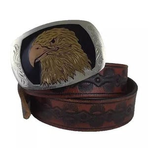 Vintage Tooled Leather Belt & Eagle Silver Copper Brass Belt Buckle