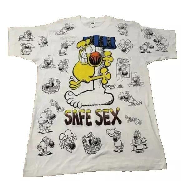80's90's SEX グラフィックTシャツ Vintage 90s Grimmy Comic All Over Print Safe Sex Shirt XL White