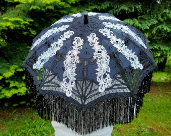 Gothic Black & White LED Parasol, White Embroideries, White Lights, Black Fringe Iridescent Sequins, Black Paint, OOAK