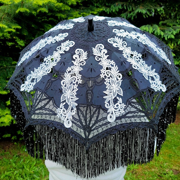 Gothic Black & White LED Parasol, White Embroideries, White Lights, Black Fringe Iridescent Sequins, Black Paint, OOAK