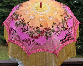 Pink Peony Embroidered Parasol, UV Protection Sun Umbrella