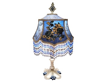 Blue Victorian Lampshade & Antique Lamp,  Beaded Fringe, Silk, Czech Beads, Antique Textiles, Luxury, Handmade