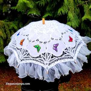 White Cotton Parasol with Butterflies! Beige Handle, Cap & Tips, Adult Sized: Fashion, Wedding, Festival, Party, Burning Man, Sun Protection