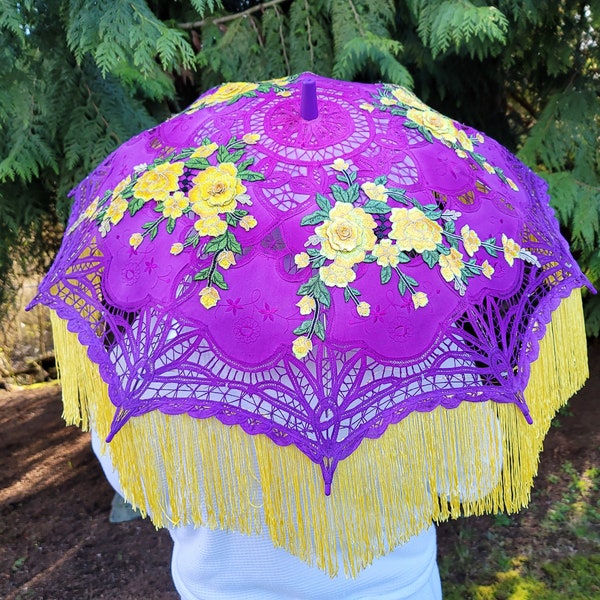 Violet & Yellow LED Parasol White Lights Cotton Lace, Handmade, Adult Sized, Wedding, Costume, Festival Sun Shade, Burning Man, Party