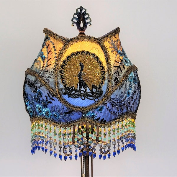 Victorian Lampshade & Antique Lamp Base - Handmade, Czech Beads, French Lace, Peacock