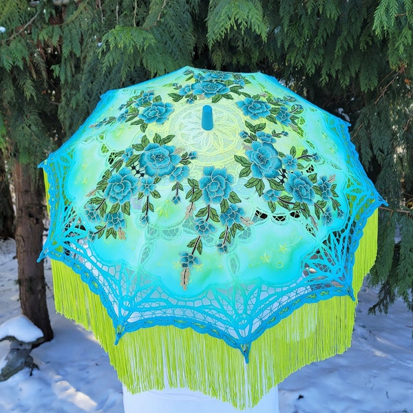 Chartreuse & Turquoise Parasol, Embroideries, Fringe, Cotton Lace, Adult Sized, Wedding, Festival, Gift, Burning Man, Cosplay, Party