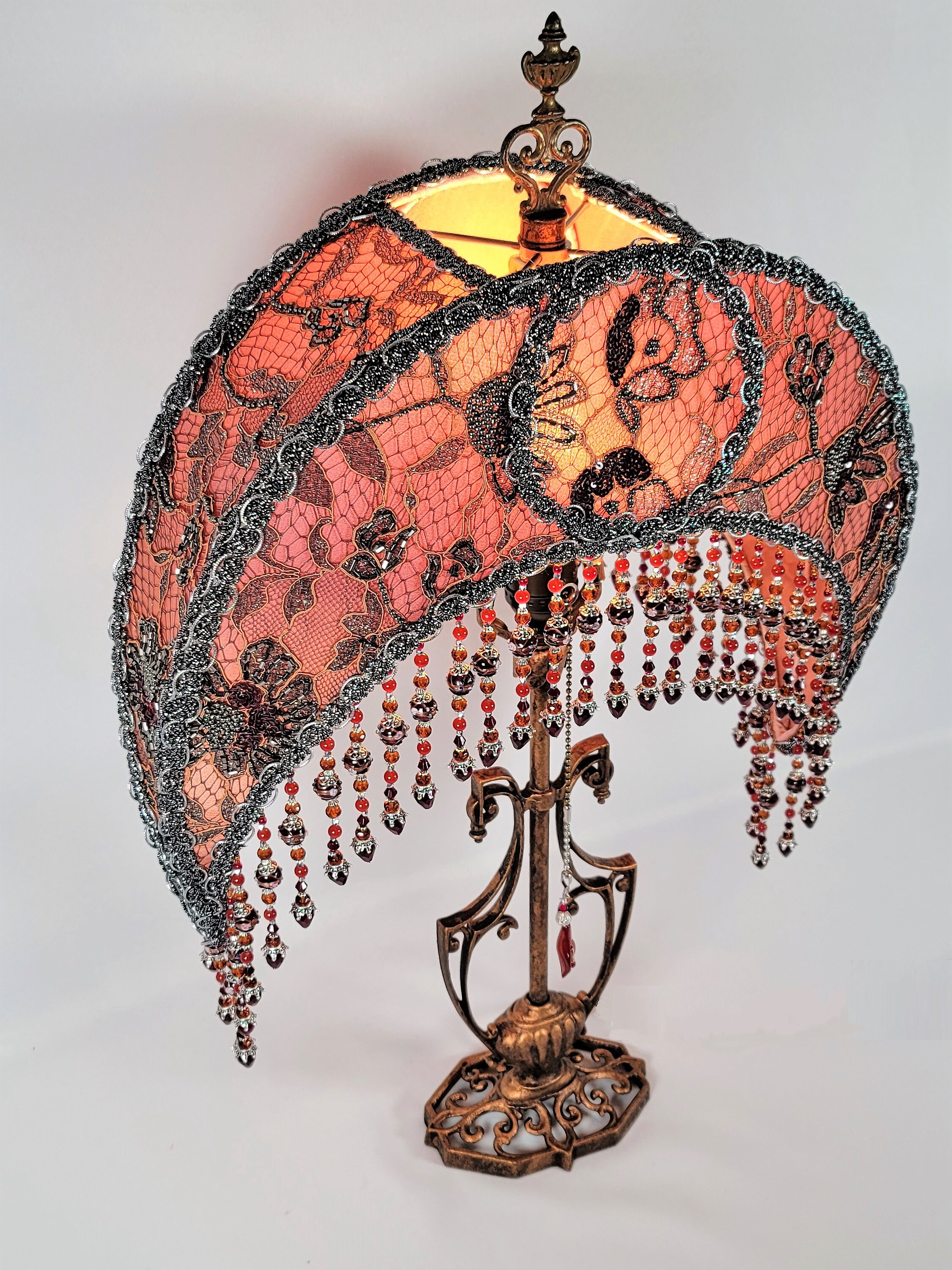Crescent Moon Victorian Lampshade Antique Lamp Hand strung Carnelian Beads Silk Vintage French Lace Neutral Tones Professionally Made