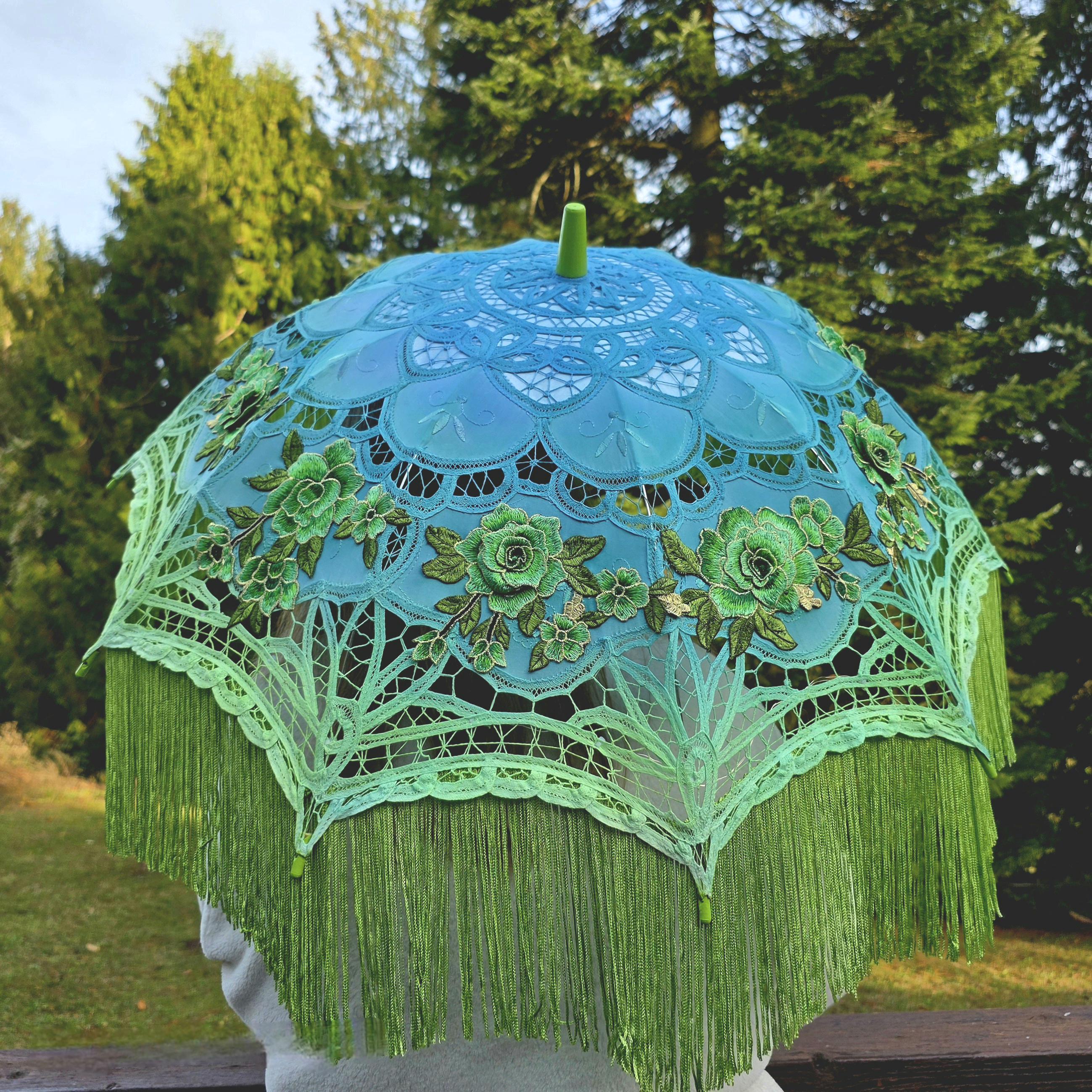 Floral Ombre Fringed Led Parasol: Embroidered Cotton Sun Shade Blue & Green