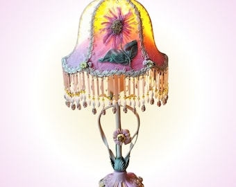 Victorian Lampshade and Antique Lamp, Ombre Silk, Antique Lace, Silk Velvet, Handstrung Antique Beads, Ribbonflower, Vintage Trim, Pink/Gold
