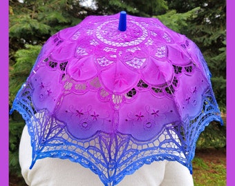 Blueberries LED Parasol - Blue LED Lights, Handmade, Ombre Cotton Lace,  Accent Paint, Adult Sized, Wedding, Festival, Burning Man, Cosplay