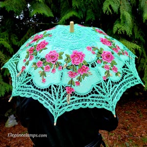 Pink Roses Mint Parasol with Tassel- Cotton Lace, Floral Embroideries, Adult Size : Wedding, Festival, Party, Burning Man, Fashion