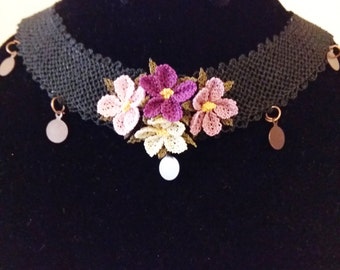 Black Needle Lace Turkish Oya Necklace with Pink Purple Rose Cream Flowers Perfect Gift For Her Made from 100% Silk Lace