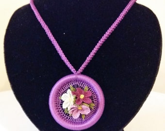 Purple Necklace with Turkish Oya Needle Lace Medium Violet Purple Cream Flowers Perfect Gift For Her