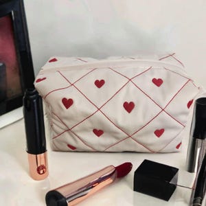 Pink Heart Embroidery Makeup Bag - Heart Travel Cosmetic Bag - Embroidery Makeup Bag - Toiletry Bag - St. Valentine Gift - Girl Gift