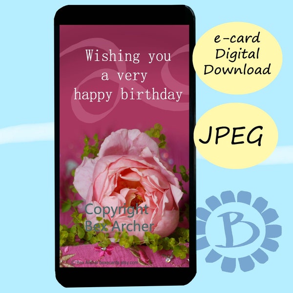 Happy Birthday ecard of pink rose. JPEG digital download for phone tablet PC. Beautiful vintage style photo of flower. Card for girlfriend