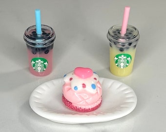 Mini Boba Tea Set with Dessert and Tray for Dolls, Miniature Food Set