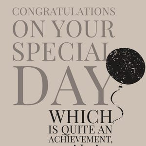 Könnte beinhalten: Eine beige Grußkarte mit dem Text CONGRATULATIONS ON YOUR SPECIAL DAY WHICH IS QUITE AN ACHIEVEMENT, considering Time is a construct and the Separate Self is AN ILLUSION. Have a good one. Eine schwarze Ballongrafik ist abgebildet.