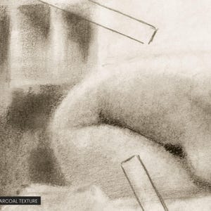K&ouml;nnte beinhalten: Eine Kohlezeichnung mit weichen, verblendeten, monochromen Grau- und Schwarzt&ouml;nen. Die Komposition enth&auml;lt abstrakte geschwungene Formen und scharfe, gerade geometrische Linien, mit dem Text DETAIL - CHARCOAL TEXTURE in der Ecke.