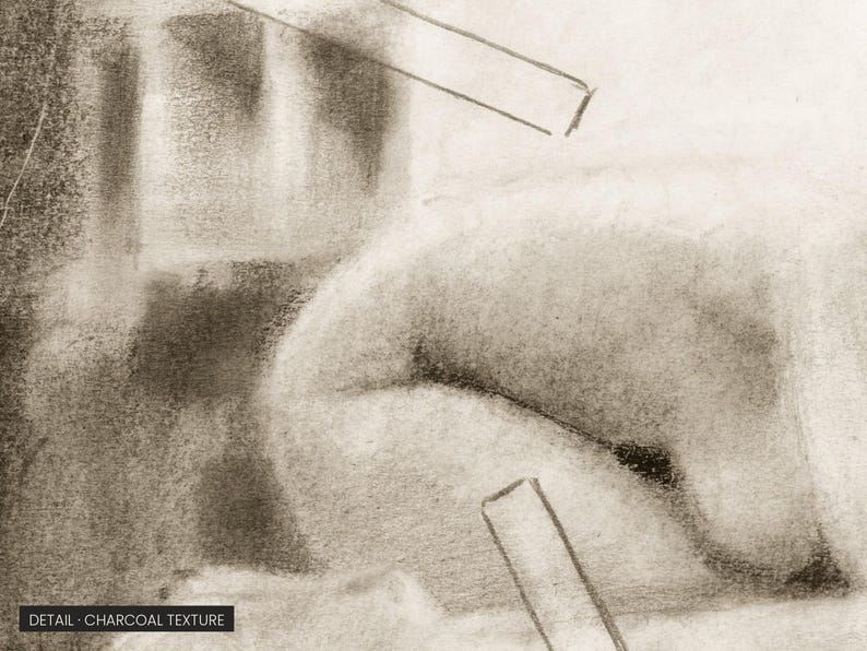 K&ouml;nnte beinhalten: Eine Kohlezeichnung mit weichen, verblendeten, monochromen Grau- und Schwarzt&ouml;nen. Die Komposition enth&auml;lt abstrakte geschwungene Formen und scharfe, gerade geometrische Linien, mit dem Text DETAIL - CHARCOAL TEXTURE in der Ecke.