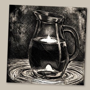 May include: A black and white ink illustration of a glass pitcher filled with liquid. The drawing features cross-hatched shading, a prominent handle, and a bright white reflection on the surface of the liquid. The letters LP appear in the corner.