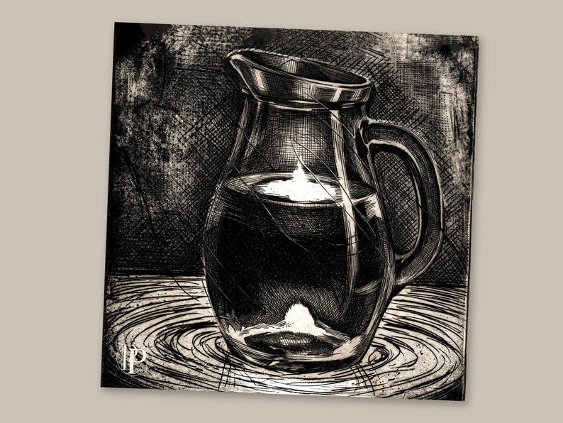 May include: A black and white ink illustration of a glass pitcher filled with liquid. The drawing features cross-hatched shading, a prominent handle, and a bright white reflection on the surface of the liquid. The letters LP appear in the corner.