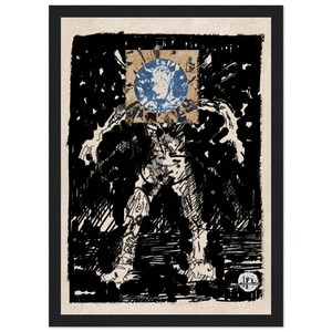 以下が含まれることがあります： 薄いベージュの背景に黒いインクで描かれたスケッチの額入りアートプリント。中央には複雑な線画が施された青い円形の要素があり、その周囲を濃密で抽象的な黒い落書きと太いインクのストロークが囲んでいる構成となっている。