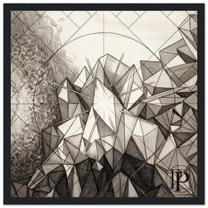 Könnte beinhalten: Eine gerahmte schwarz-weiße Tuschezeichnung, die eine geometrische Berglandschaft aus scharfen, kantigen, kristallartigen Facetten zeigt. Die Komposition umfasst feine Linienführung, Kreuzschraffuren und ein kreisförmiges Motiv mit einem Lichtstrahl.