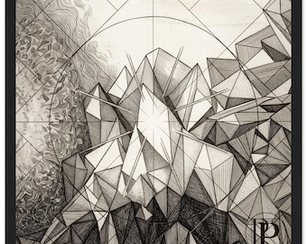 30 x 30 cm Heilige Geometrie Kunstprint, Kristallen Muurdecoratie, Zwart-wit Inktekening, Ingelijst of Ongelijst | De Kristallen Paradox