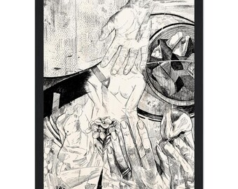 A4 zwart-wit handkunstprint, abstracte muurdecoratie met mindfulness-thema, digitale ets, ingelijst of oningelijst | Handen die de leegte vasthouden