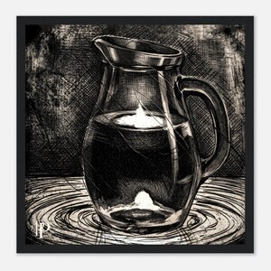 30x30cm Glass Jug Still Life Print, Fire and Water Wall Art, Black and White Ink Drawing, Framed or Unframed | The Paradox of the Vessel image 2