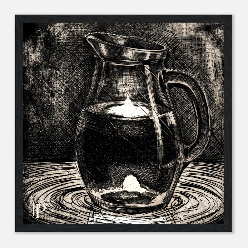 30x30cm Glass Jug Still Life Print, Fire and Water Wall Art, Black and White Ink Drawing, Framed or Unframed | The Paradox of the Vessel image 2