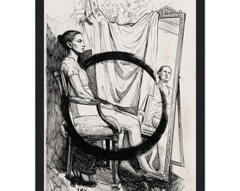 A4 Enso Circle kunstprint, Vrouw en Spiegel, Zwart-wit digitale inkttekening, Ingelijst of niet ingelijst | Nondualiteit