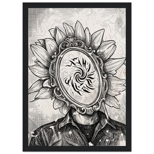 A4-Kunstdruck „Sonnenblumen-Spiegel“, Wandbild zur Nondualität, Zen-Radierung in Schwarz-Weiß, gerahmt oder ungerahmt | Das Selbst als Spiegel