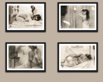 Set van 4 ingelijste houtskooltekeningen van figuren, A4-formaat, wanddecoratie voor een galerie, neutrale, somatische muurdecoratie | Paradox of the Edge-collectie