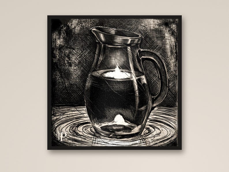 May include: A black and white ink drawing of a glass pitcher filled with liquid, featuring a bright reflection on the surface and a small signature mark in the bottom left corner, framed in a simple black border.