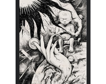 A4 kosmische kunstprint, Kind in de ruimte, zwart-wit digitale inkttekening, mythologische muurdecoratie, ingelijst of oningelijst | Cosmic Baby