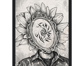 A4 Zonnebloem Spiegel Kunstprint, Non-Dualiteit Muurdecoratie, Zwart-wit Zen Ets, Ingelijst of Ongelijst | Het Zelf als Spiegel