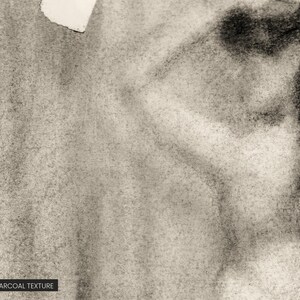 K&ouml;nnte beinhalten: Eine Kohlezeichnung auf strukturiertem Papier mit einer dunklen, verwischten abstrakten Form auf der rechten Seite, die in hellere Grau- und Beiget&ouml;ne auf der linken Seite &uuml;bergeht. Oben ist ein kleiner wei&szlig;er Papierabriss zu sehen. Text: DETAIL - CHARCOAL TEXTURE.