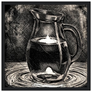 30x30cm Glass Jug Still Life Print, Fire and Water Wall Art, Black and White Ink Drawing, Framed or Unframed | The Paradox of the Vessel image 1