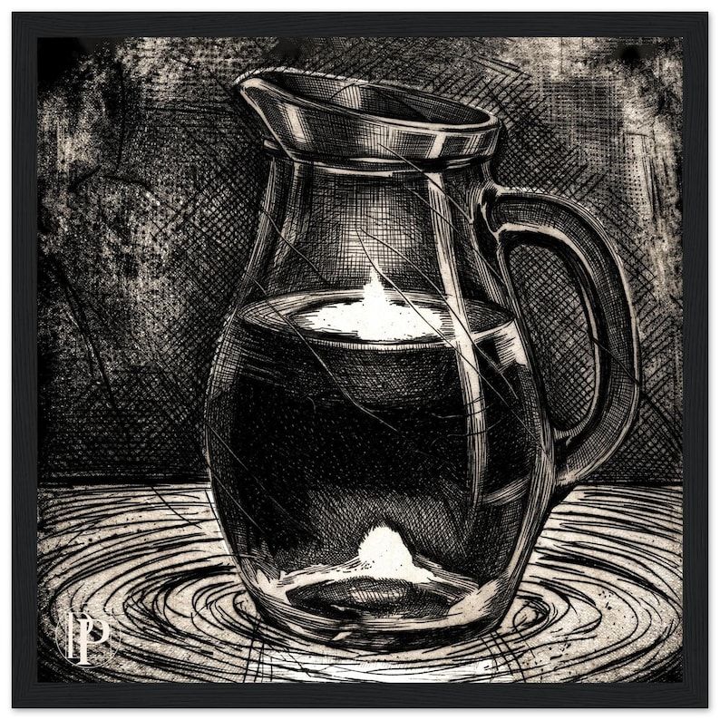 30x30cm Glass Jug Still Life Print, Fire and Water Wall Art, Black and White Ink Drawing, Framed or Unframed | The Paradox of the Vessel image 1