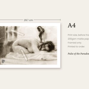 K&ouml;nnte beinhalten: Ein A4-Kunstdruck im Kohle-Stil mit den Ma&szlig;en 21 cm mal 29,7 cm, der eine liegende Figur zeigt. Der Text lautet A4, Print size, before framing, 200gsm matte paper, Framed only, Printed to order und Pulse of the Paradox.