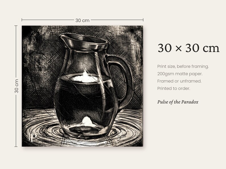 May include: A black and white art print titled Pulse of the Paradox, measuring 30 x 30 cm. The image features a detailed sketch of a glass pitcher containing a floating candle, set against a textured background with circular lines.