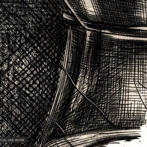 May include: A black and white ink illustration featuring dense cross-hatching and fine line work. The image displays a textured pattern of intersecting lines and stippling, with the text DETAIL - ACTUAL LINE WORK in the bottom corner.