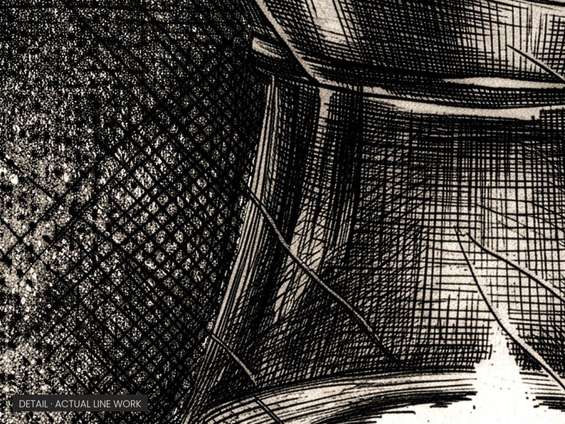 May include: A black and white ink illustration featuring dense cross-hatching and fine line work. The image displays a textured pattern of intersecting lines and stippling, with the text DETAIL - ACTUAL LINE WORK in the bottom corner.