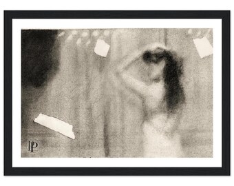 Ingelijste A4-print van een figuur in houtskooltekening, dromerige tekening met zachte focus, mindfulness-muurdecoratie | Paradox van de rand: Sluier van perceptie