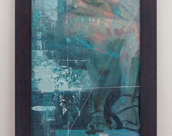 Original Oil Painting, Teal Abstract Figure Art, Framed 70 x 46 cm, Impasto Wall Art, One of a Kind | Impermanent Tensegrity