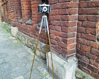 Camera Agfa Isolette V,  brass tripod, photoflash  Vintage camera set 50s retro interior decor