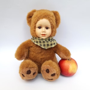 Vintage Baby Face Bear Doll: Porcelain Face Plush Toy